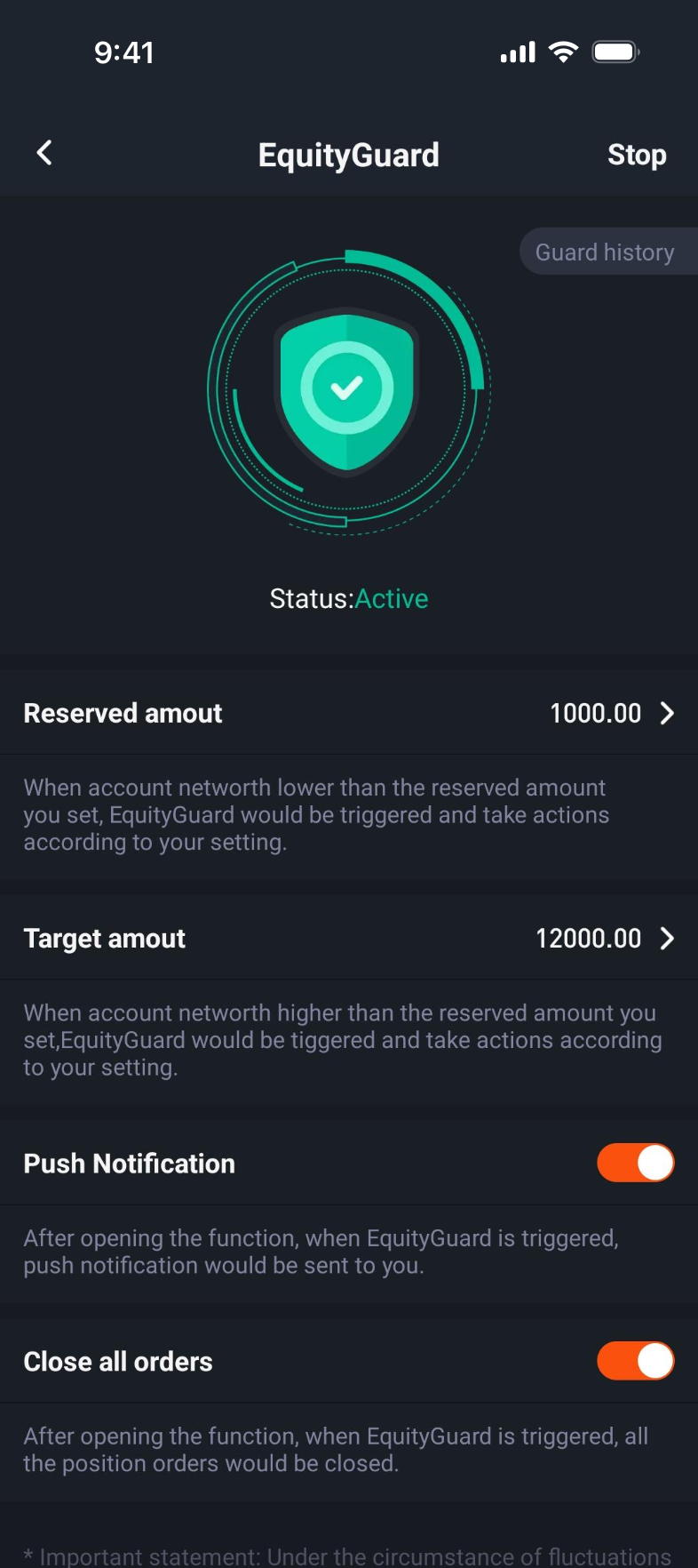 Pocket Forex 주식 보호 화면의 상단 절반