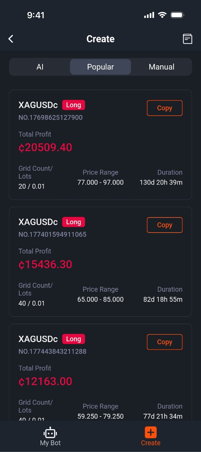 Pocket Forex 자동 그리드 거래 화면의 상단 절반